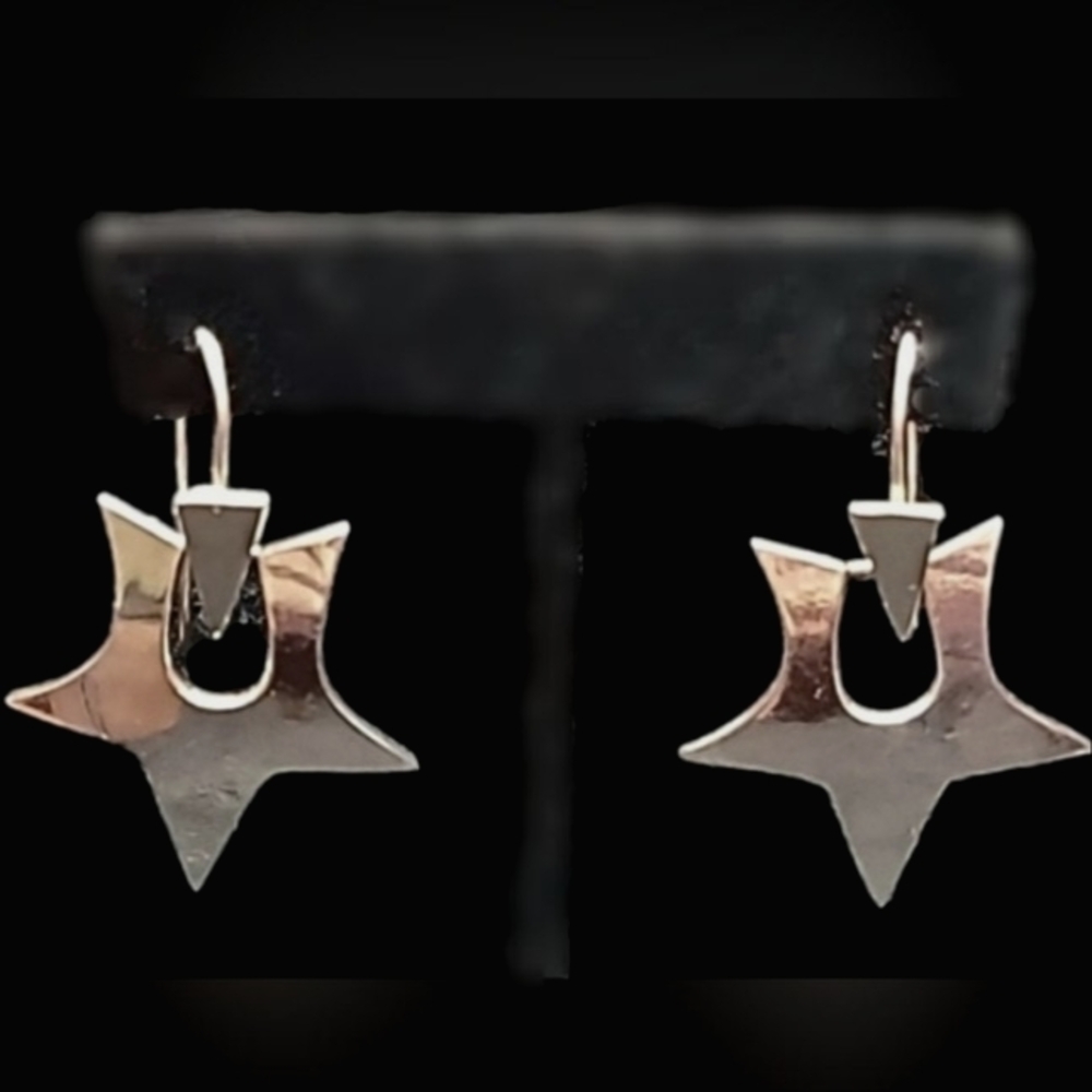 Unique Pure .925 Retro Star Earrings Mexico Artisan Statement 1990's
